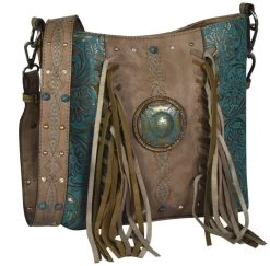 Justin Turquoise Floral Tooled Fringe Crossbody Bag