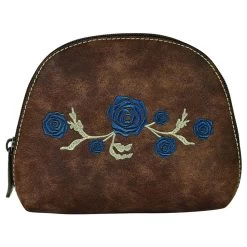 Justin Arched Blue And Cream Embroidered Flowers Cosmetic Pouch