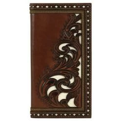 Justin Mens Western Rodeo Wallet Leather Tooled W/Floral Logo Brown