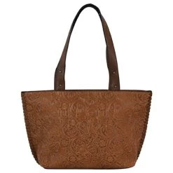 Justin Saddle Brown Tooled With Whipstitch Edge Tote