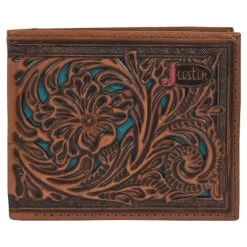 Justin Mens Tooling With Turquoise Underlay Slim Bi-Fold Wallet
