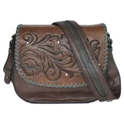 Justin Ladies Brown Saddle Bag With Tooled Front Flap And Crystals