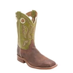 Justin Men's Bent Rail Austin Cognac And Green Wide Square Toe Cowboy Boots