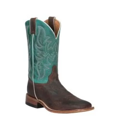 Justin Men's Bent Rail Austin Brown And Turquoise Wide Square Toe Cowboy Boot