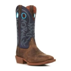 Justin Men's Stampede Distressed Clay Brown And Blue Wide Square Toe Cowboy Boots