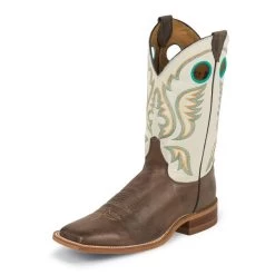Justin Boots Justin Bent Rail Collection Chocolate Burnished Cow Vamp 11" Ivory Tumbled Cowhide Upper BR313